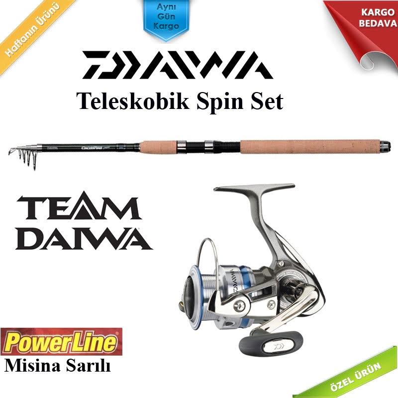 Daiwa Teleskobik Spin Set 001, Daiwa Crossfire Teleskobik Spin Kamış ve Daiwa Megaforce Spin Makineden oluşan kaliteli teleskobik spin takımı