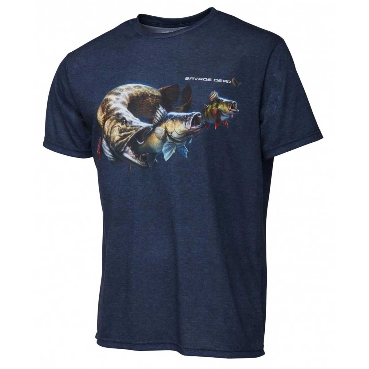 Savage Gear Cannibal T-Shirt Blue Melange Göğüste ikonik Cannibal baskısı